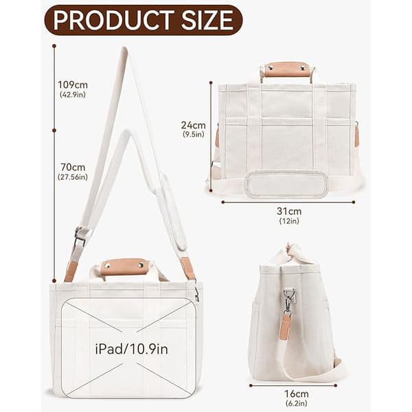 Canvas Tote Bag med flere lommer for kvinner, svart