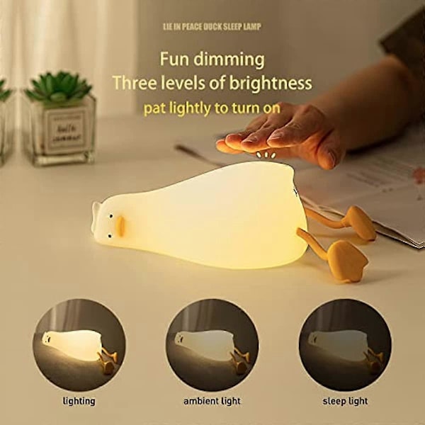 Liggende Flade Anden Natlampe  LED Blød Andelampe  Sød Lysende And  Silikon Dæmpbar Børneværelses Natlampe  Genopladelig Sengelampe med Berøringsfunktion til Brea