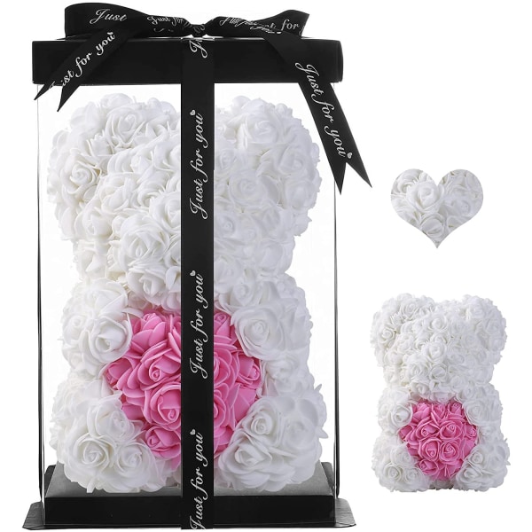 Valentinsdag Simuleret Eternal Rose Bear DIY Love Foam Bear Valentinsdagsgave， hvidt pink hjerte