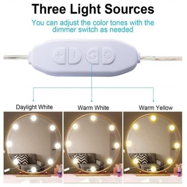 Dæmpbart LED-spejllyssæt med 10 DIY-stripmonteringspærer til makeup-bord
