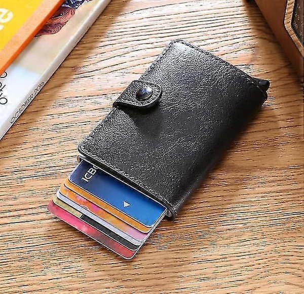Svart RFID NFC Skydd Plånbok Korthållare 5st Kort (Äkta Läder)