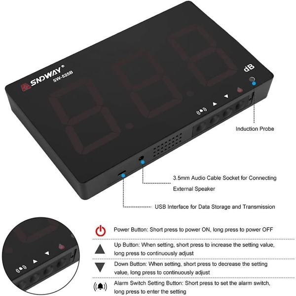 Profesjonell lydnivåmåler med innstilte alarmterskler Bærbar digital lcd desibelmåler 30~130 Db desibel støymålingstester med datalogg