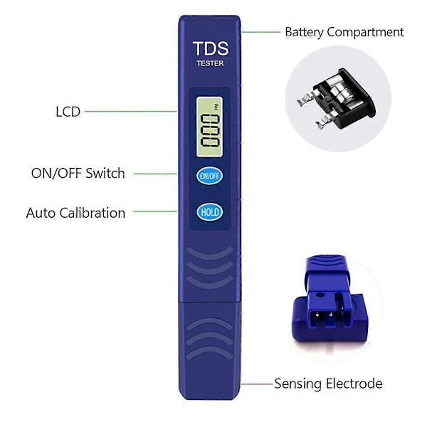 TDS-mätare, Elektronisk Vatten Testare med 0-9990 PPM Mätintervall, Digital Vatten Testpenna för Jordbruk, Akvarier, Pool