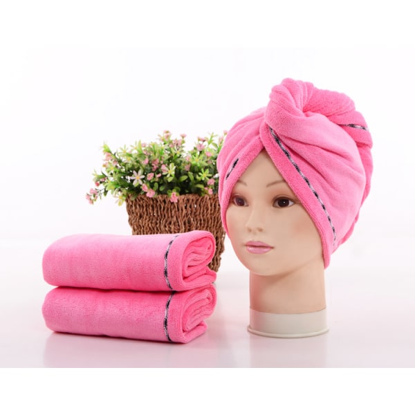 Förpackning med 2 handdukslindade superabsorberande hårtorkmössor med knappar 24*64 cm Deep pink