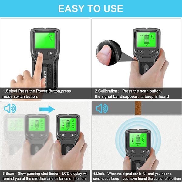 Stud Finder Vægscanner - 5 i 1 Elektronisk Stud Detektor med HD LCD Display, Træ AC Tråd Metal S
