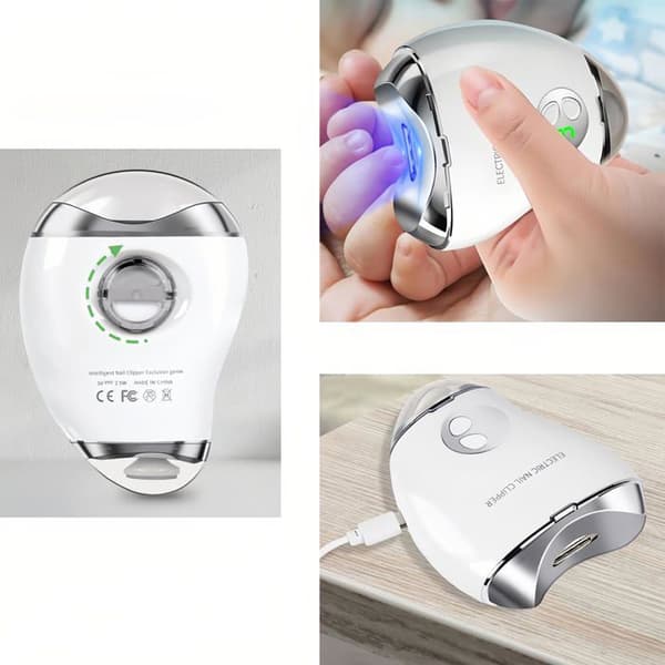 Elektrisk negleklipper, kutter og polerer, LED-lys, ergonomisk design, kompakt og bærbar, hvit