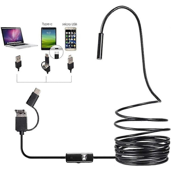 3-in-1 Endoskooppikamera, Teollisuusendoskooppikamera, HD-kamera, 7 mm vedenpitävä linssi, Käärmetähystin - 6 LED-valoa (Android-puhelimille)