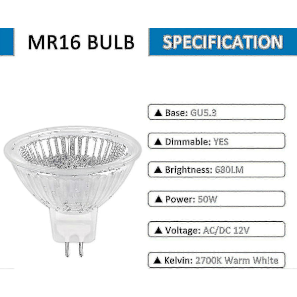 Halogenpære GU5.3 50W 12V, 800lm Varmt Hvidt 2700K Dæmpbar, Halogen Spotlight Pære MR16, Pakke med 6
