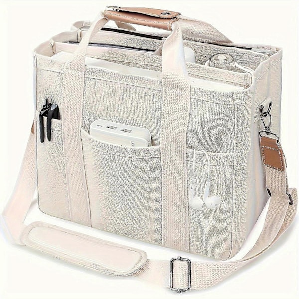 Canvas Tote Taske med Flere Lommer hvid
