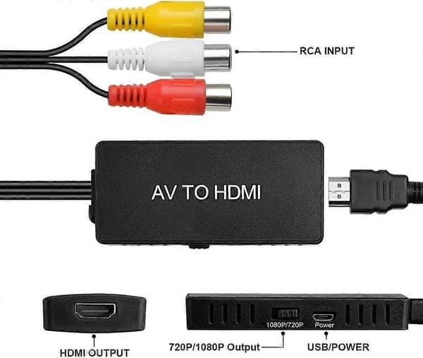 2 stk. RCA til HDMI-konverter med HDMI-kabel, RCA til HDMI-adapter, AV til HDMI