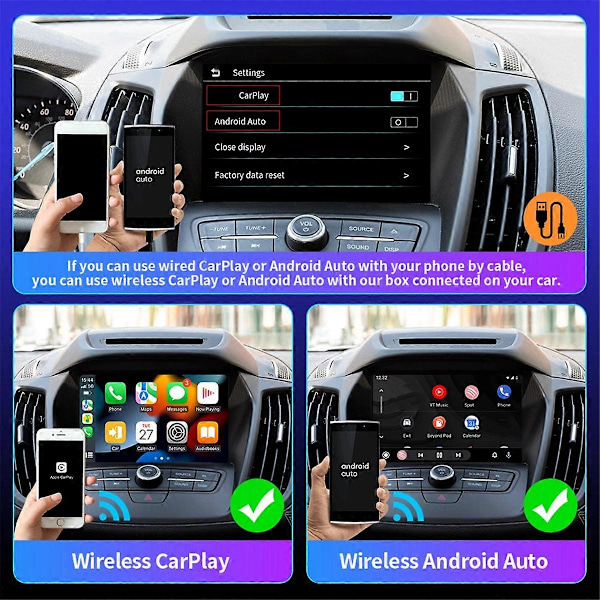 Android Auto CarPlay -sovitin langallisesta langattomaan Smart AI -laatikkoon RGB-valolla autoille, joissa on langallinen CarPlay