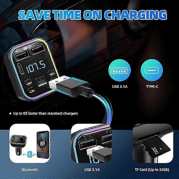 Bil Bluetooth FM Transmitter PD Dobbelt USB 3.1A Hurtig Oplader Adapter Farverigt Ambient Lys Håndfri MP3 Modulator Afspiller