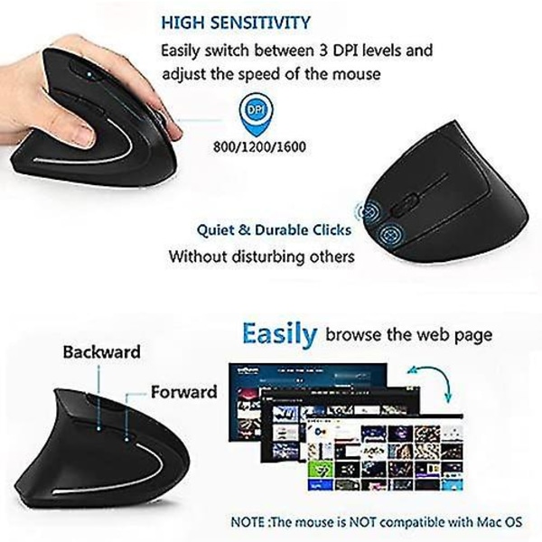 Venstrehåndet Mus, Trådløs 2.4g Usb Venstrehånd Ergonomisk Vertikal Mus, Mindre Støj - Sort