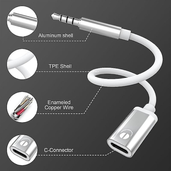 3,5 mm han til Type-C hun lydkabel, analog lydjack hovedtelefonadapter til MP3-afspiller, bærbar computer, tablets