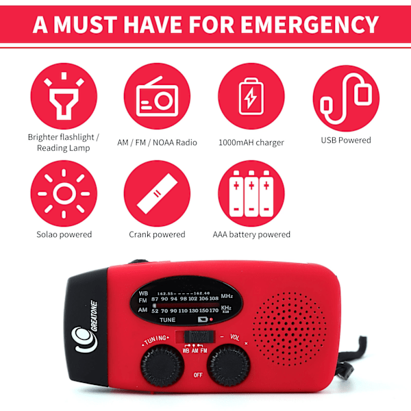 Handvevad solcellsladdningsradio Mini nödradio med belysningsfunktion (SVART-AM/FM/NOAA 600mah)