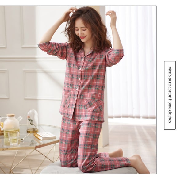Lang pyjamas for kvinner, rutete pyjamas for vår og høst hjemmeklær cardigan pyjamas 2XL