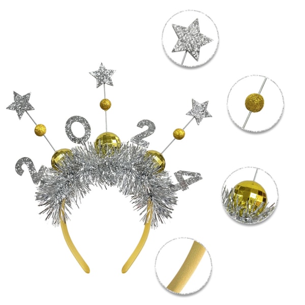 2024 Hyvää Uutta Vuotta Hiuspanta Tiara Glitter Star Ilotulituspääpanta Tinsel New Year Hair Hoopilla gold