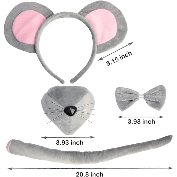 Mussekostyme-tilbehørsett - Musører hodebånd hale nese og sløyfe, Rottekostyme-tilbehørsett