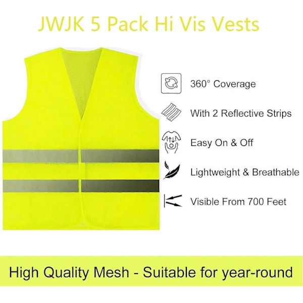 5-pak Hi Vis-vester, Sikkerhetsvester, Standard Størrelse Refleks Høy Synlighet Vester, Unisex Hi Vis Jakke for Trafikkarbeid, Løping, Landmåler