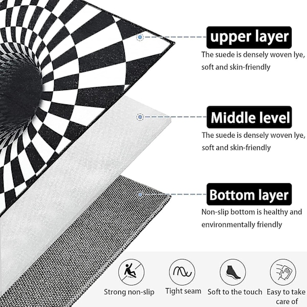 Optisk Illusion Tæppe 3d Stereo Ternet Vortex Optiske Illusioner Tæppe Sjov Fornemmelse Af At Falde Sort & Hvid Anti-Skridsikker Plaid Hul Areal Tæppe Til Spisestue