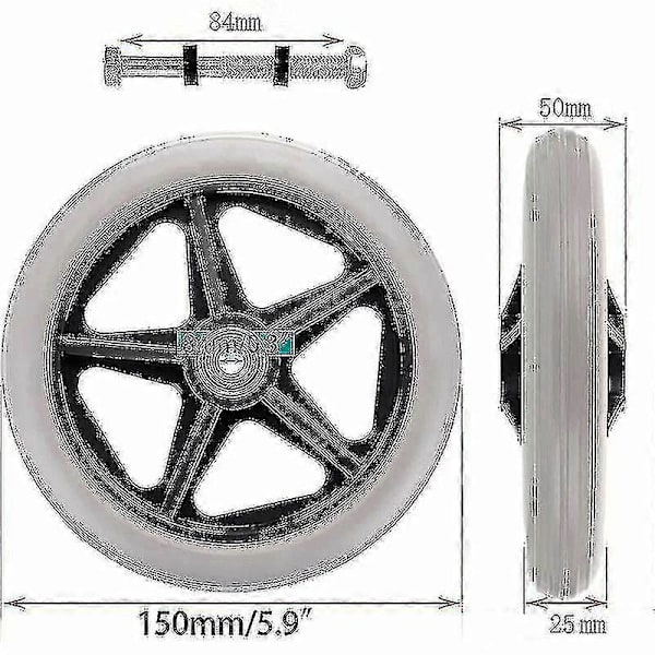 2 st 15 cm Gummifälgar Ersättningshjul för Rullstol, Rollator, Gåstol, Anti-Halk, Grå