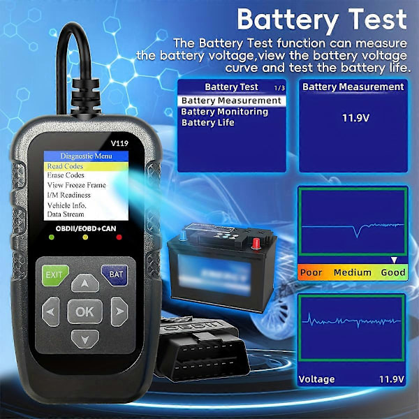 OBD2-skanneri jännitetestillä, V119 Auton Vikakoodinlukija, USB-virralla toimiva Moottorin Vikaskanneri, EOBD CAN Diagnostiikkatyökalu OBDII-protokollan ajoneuvoille