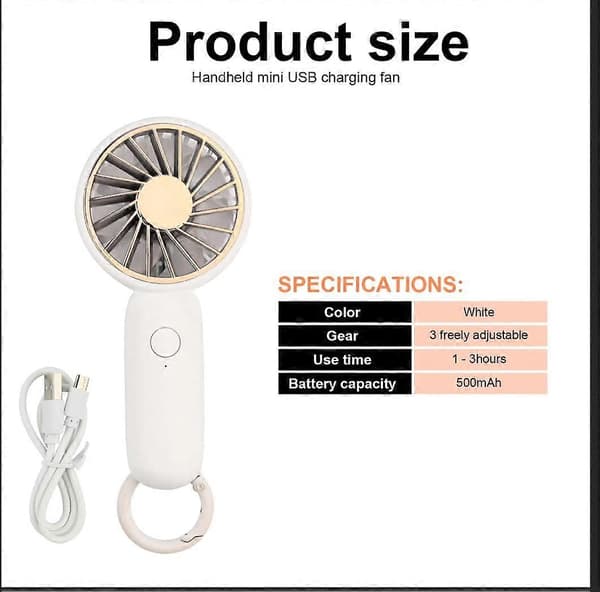 Bærbar Mini Ventilator, Håndventilator, Personlig USB Bordventilator Håndholdt Ventilator (Hvid)