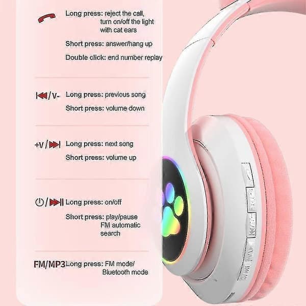 Hvide Pink-Trådløse Bluetooth Høretelefoner Katteøre Headset Med LED Lys