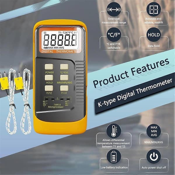 Handhållen Termoelementtermometer, 2 Kanaler K-Typ Termoelementprob 4 Termoelement, Mätning Ra