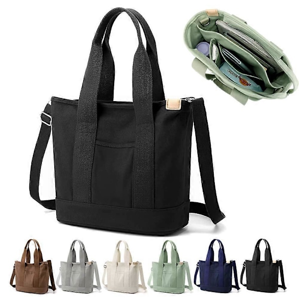 Multi-Pocket Tote Taske med Lynlås, Japansk Håndlavet Lærredstaske med Rum, Multifunktionel Skuldertaske sort