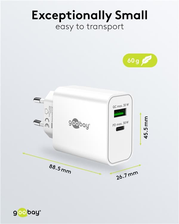 USB-C™ PD GaN dobbel hurtiglader (30 W) hvit