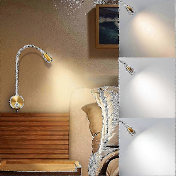 Dimbar LED Leselamper, veggmonterte leselys for sengegavl, fleksibel svanehals med berøringsdimmer, plugg inn kablet, 3 fargemoduser, 2 pakning