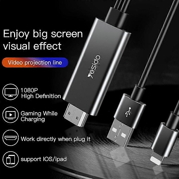 Type A YESIDO HM04 1.8m Lightning till HDMI 1080P HD Video Adapterkabel med USB-strömkabel