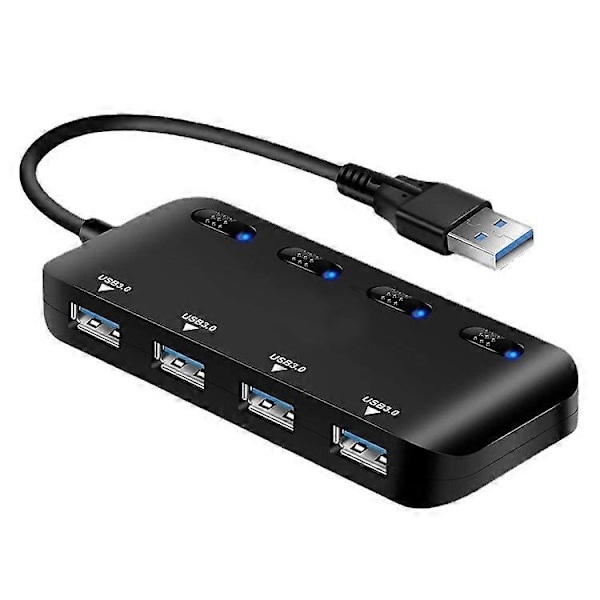 Stikdåse USB 3.0 Hub, Ultra Slim Multiple 4 Port USB Hub med Individuelle Strømafbryder LED'er
