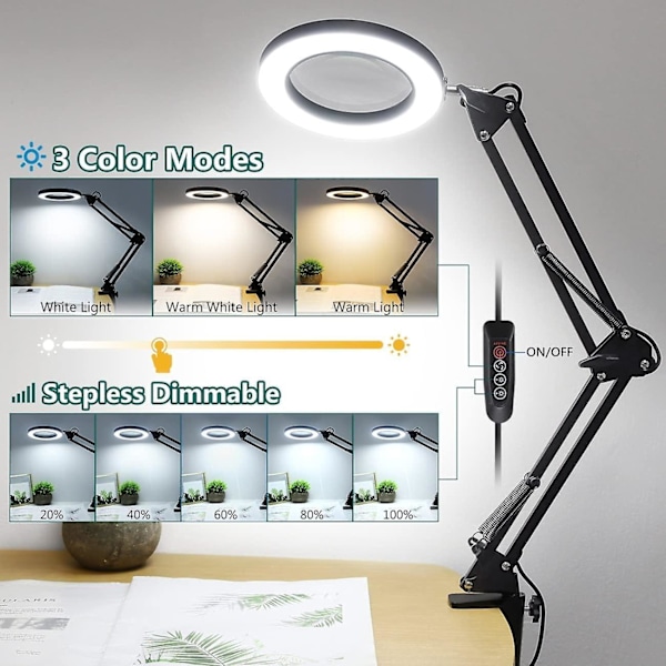 5X Forstørrelsesglas LED Foldbar Stativ Klemme Bordlampe Lys Skønhed Forstørrende