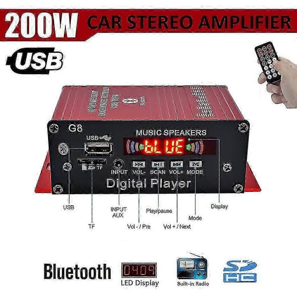 200W 12V HIFI Bluetooth Audio Effektforstærker FM til G8 - Bil & Hjem Stereo
