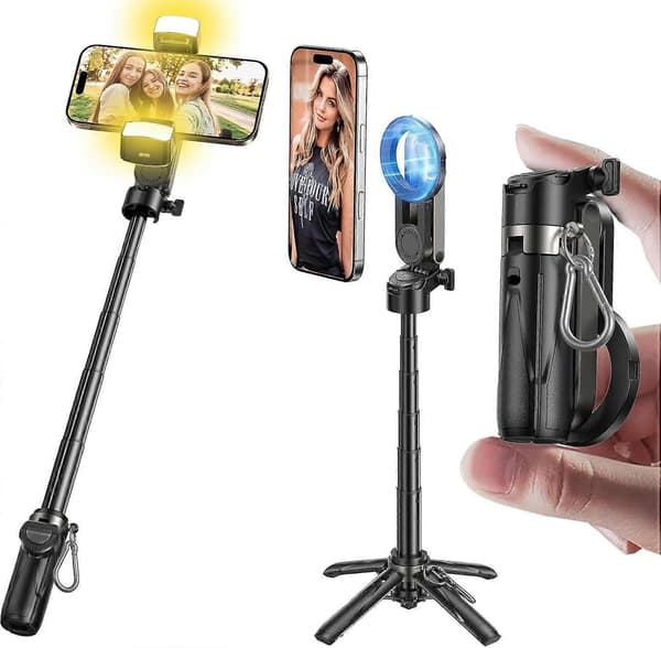 MAGIC JOHN Telefonstativ med 2 Selfi-lys, Bærbar Selfiestang i Lommeformat