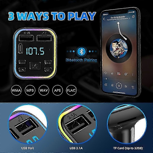 Bil Bluetooth FM Transmitter PD Dobbelt USB 3.1A Hurtig Oplader Adapter Farverigt Ambient Lys Håndfri MP3 Modulator Afspiller