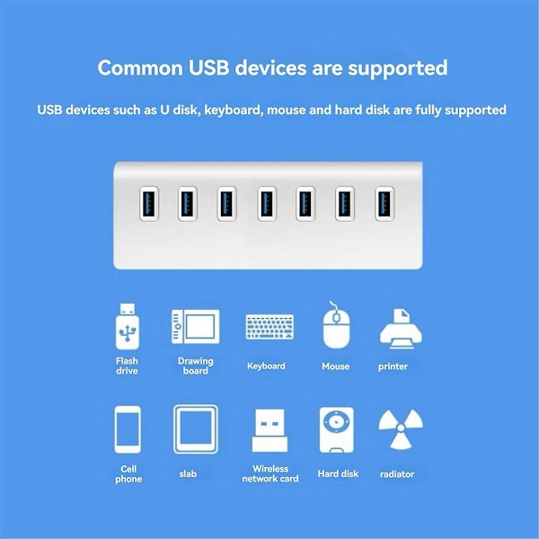 Nopea USB-keskitin 7 porttia, USB 3.0 portti, alumiiniseos, kannettava USB-jakaja Air-kannettavalle tietokoneelle ja PC:lle