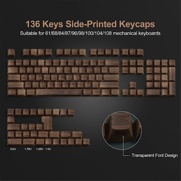 136 Taster Valnøtt Trestruktur Tastaturhetter Sideprint PBT Tastaturhetter Bakgrunnsbelyst Cherry Profil for MX Bryter Mekanisk