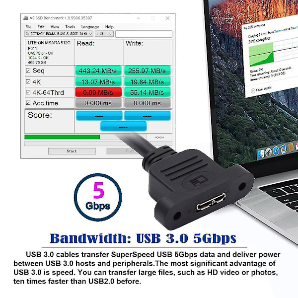 U3-083-BM 50cm Typ-B USB 3.0 Han till Micro 3.0 Typ-B Hona Skruvmonterad Typ Förlängningskabel 5Gbps