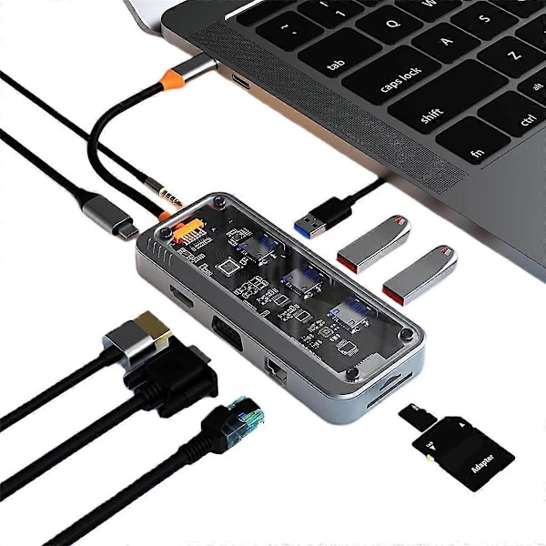 10-i-1 USB C-hubb, Ethernet USB-C Multiport Adapter, USB C Adapter Dockingstation för Pro/Air PC Laptop