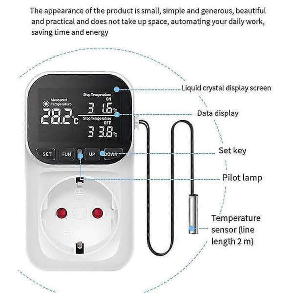 Digital Temperaturkontroller, Reptil Termostat Timer Bryter Plugg med Sensor for Hjem, Drivhus Akvakultur EU Plugg