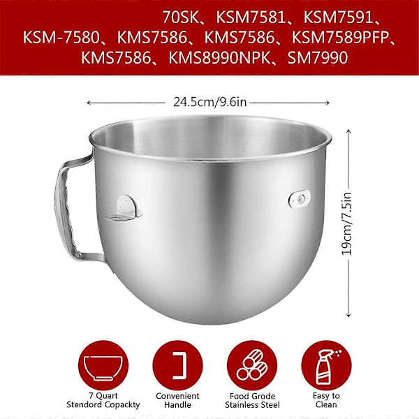 7 Quart Rustfri Stål Røreskål til KitchenAid Røremaskiner, til KitchenAid Røremaskine Tilbehør, til