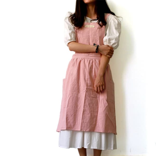 Linen Cotton Apron - Cross-back Style for Art, Cafe, and Work, Comfortable and Protective Pink