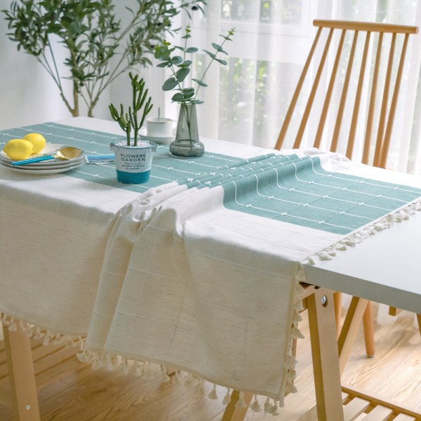 Puuvilla- ja pellavaruutuinen hapsuinen suorakaiteen muotoinen pöytäliina keittiöön tai ruokasaliin - 140 x 180 cm