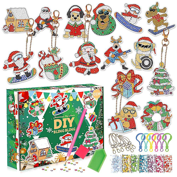 2024 24-dagars Nedräkning Julkalender DIY Diamantmålning Kit Hänge Nyckelring Julklapp Blind Box Barn Flickor