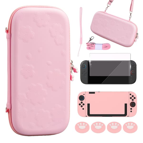 Sakura Protection Kit Compatible with Switch 2: EVA Case, Screen Protector, Stand & Button Caps for Enhanced Gaming