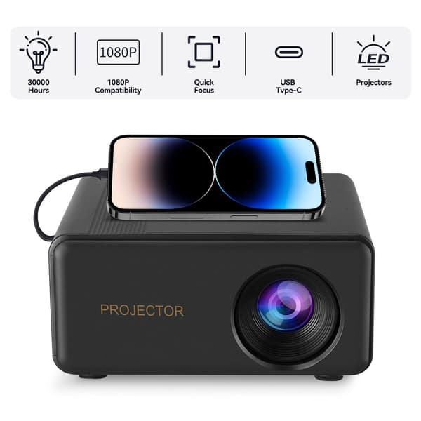 1080P Portable Projector for Home Use - HDMI, USB, TF, AV Input, Compatible with iPhone and Android Black