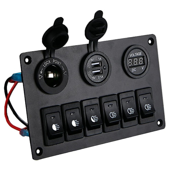 6-Gang Switch Panel med 12V-24V LED Digital Voltmeter Dobbelt USB-lader Tændrørstik til RV Truck